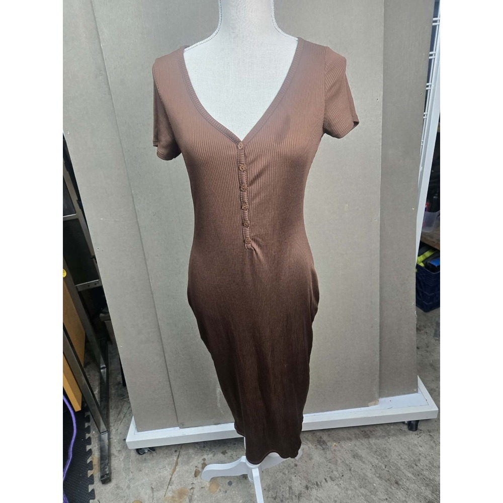 Heart Hips Brown Ribbed Midi Dress Women's S Short Sleeve Button Front Stretch